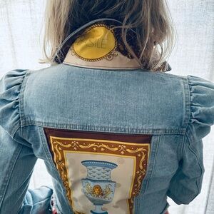 Upcycled Vintage cropped Blue denim Jkt. Silk designer Accents Each 1-of-a- kind